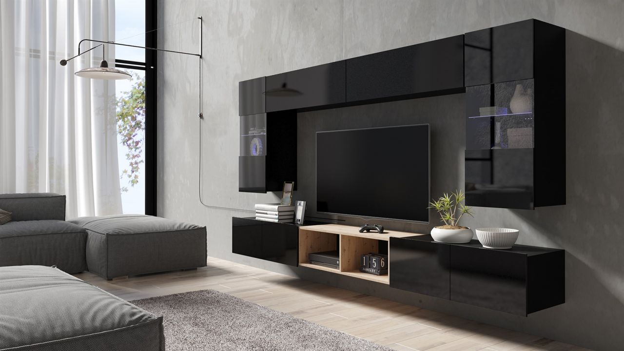 Mediawand Wohnwand 7 tlg - KAVOS 3 - Schwarz Hochglanz inkl.LED