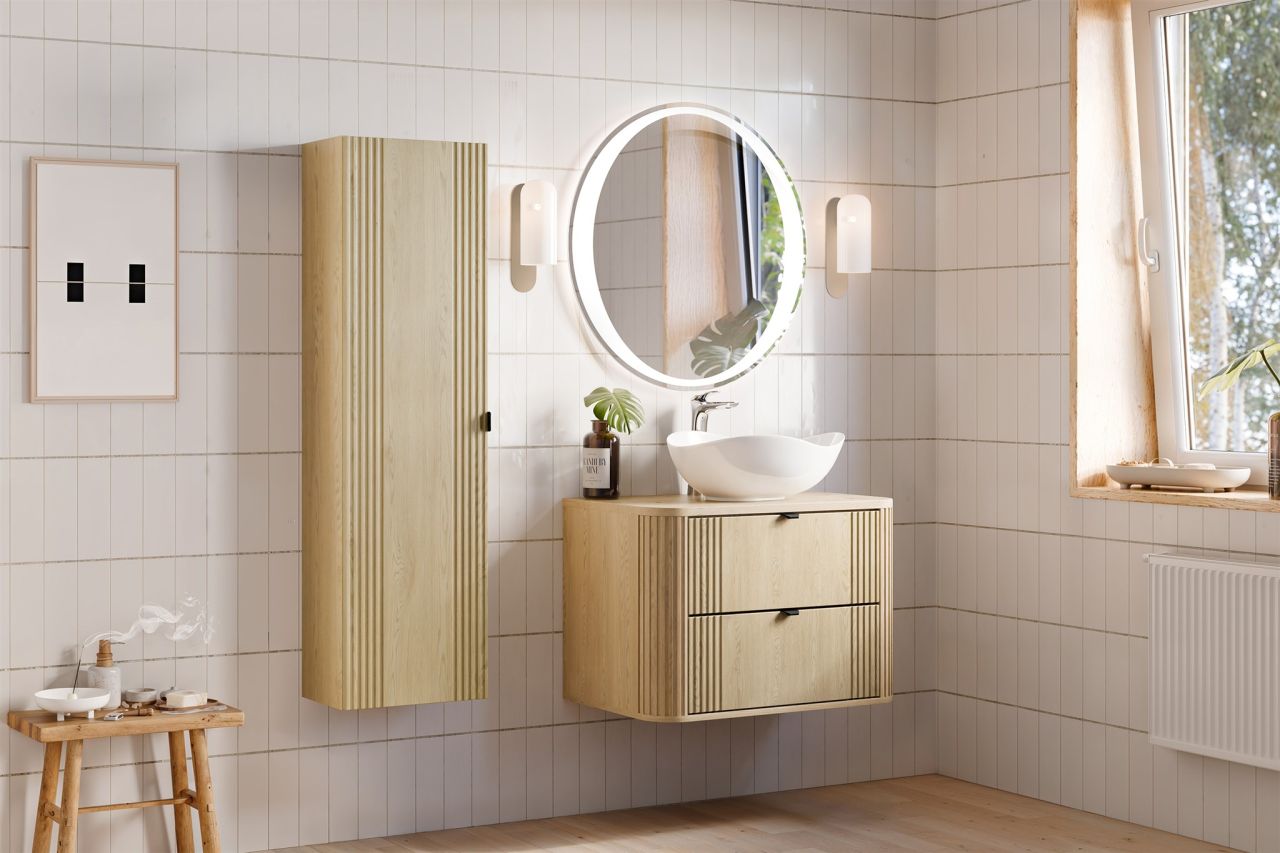 Badmöbel Set 4-tlg Badezimmerset WENDO Cremona Eiche Spiegel 80cm inkl. Wasch...