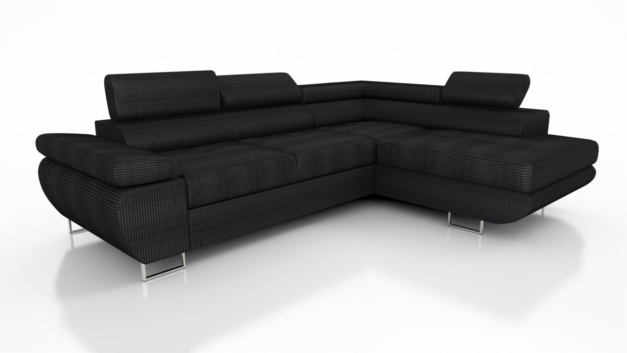 Couchgarnitur ELON Stoff Schwarz mit Schlaffunktion Ottomane Rechts