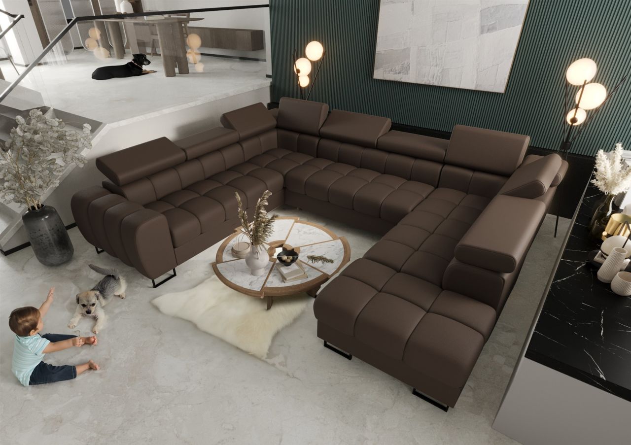 Wohnlandschaft Schlafsofa BASTIEN XL in Stoff Terra Braun Ottomane Rechts