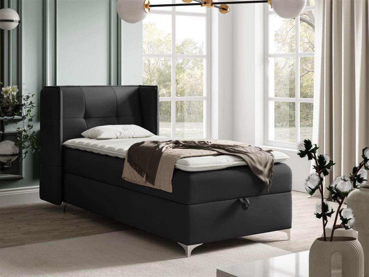 Boxspringbett Bett Gästebett 90x200cm GENET Stoff Matt Velvet Schwarz