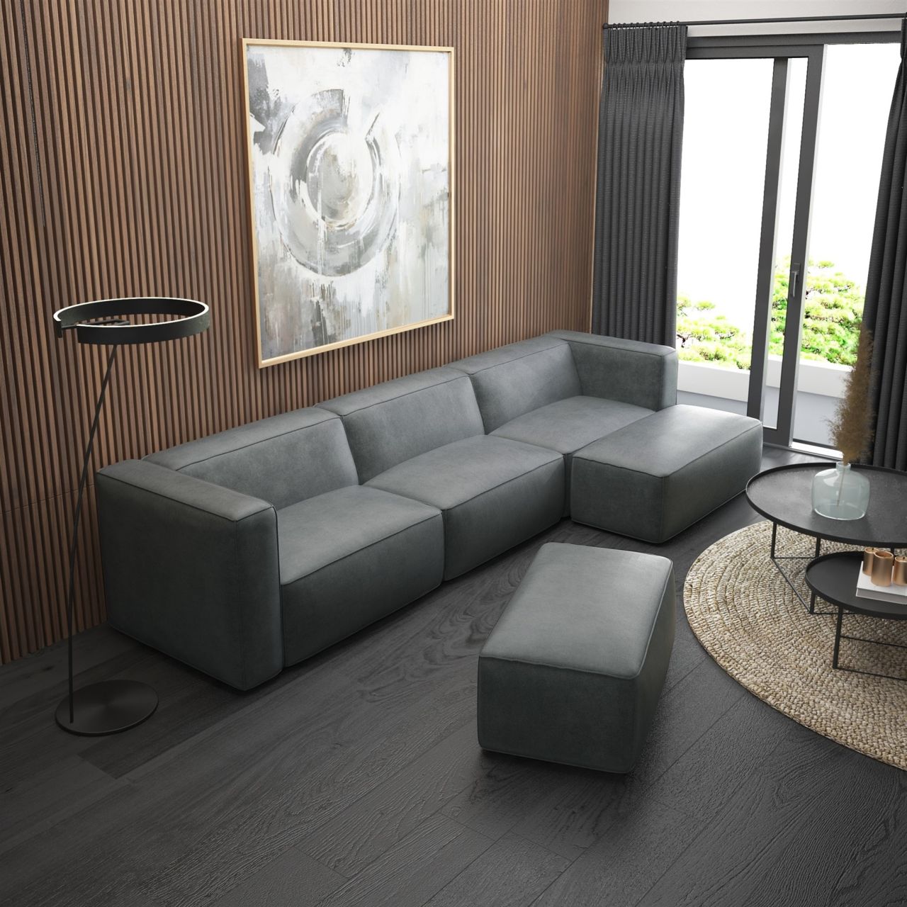 Ecksofa ersofa HELMER inkl. Hocker in Stoff Pola Dunkelgrau Ottomane Re...