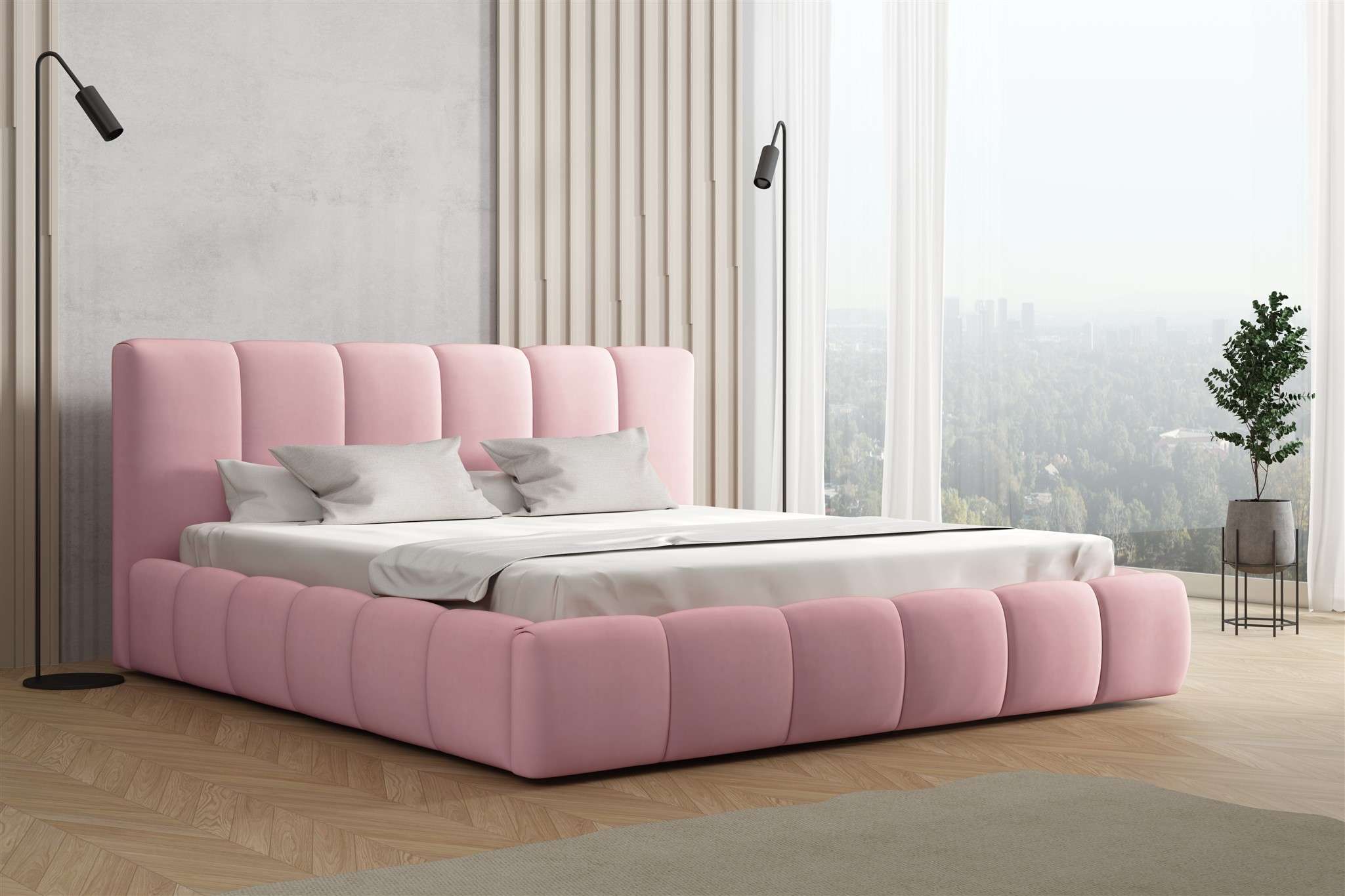 Polsterbett Doppelbett GIULIA Komplettset 200x200cm Stoff Magic Velvet Rosa | Breite: 200 cm | Polsterbetten + Lattenrost und Matratze | Schlafzimmer