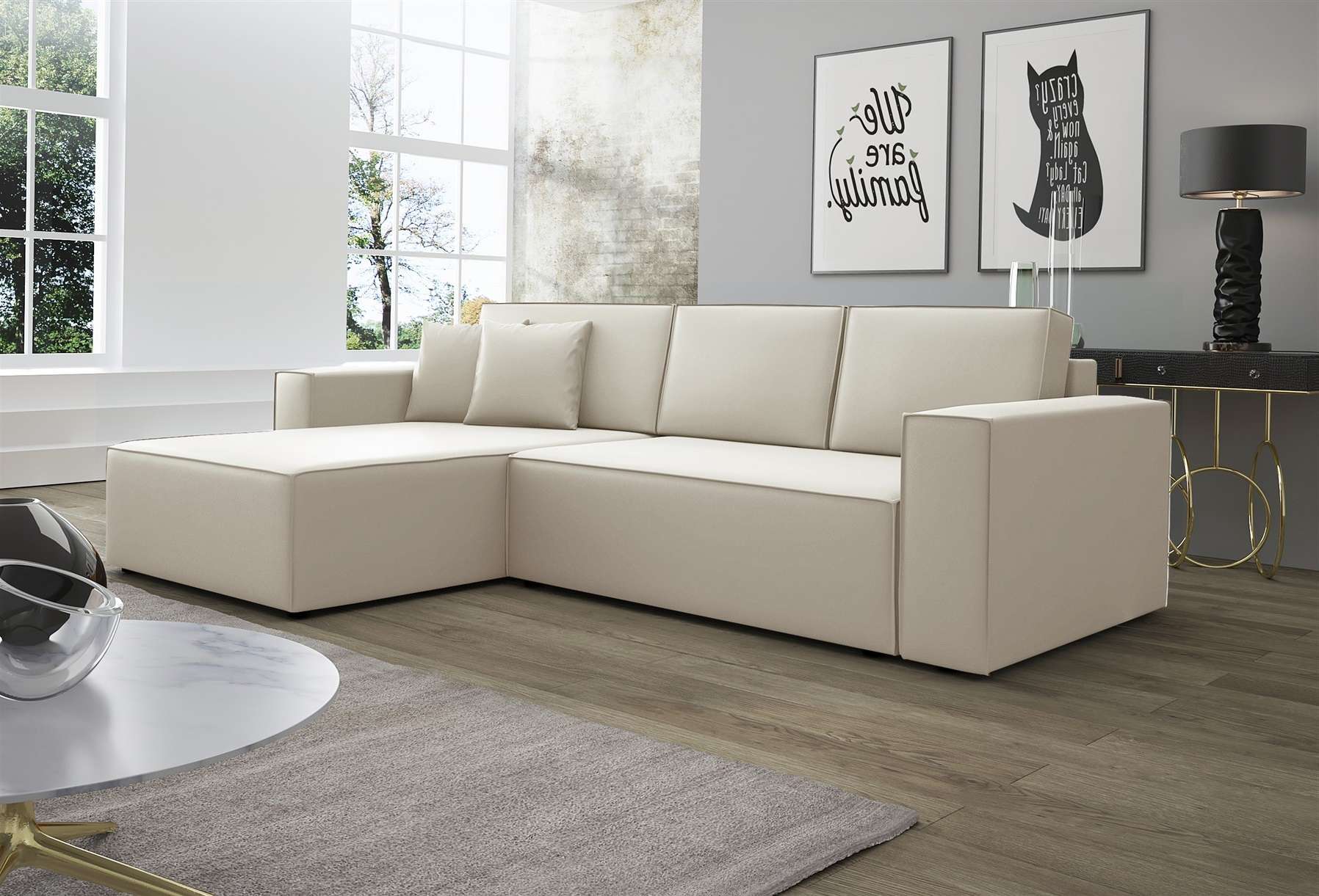Ecksofa Schlafsofa Sofa CONOR Kunstleder Creme Ottomane Links | Ecksofa mit Schlaffunktion | Serie-CONOR | Polstermöbel-Serie