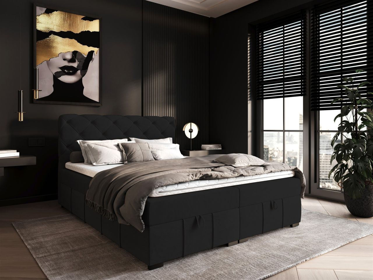 Boxspringbett Schlafzimmerbett GISEL 180x200cm Stoff Salvador Schwarz