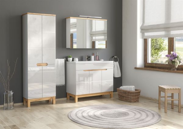 Badmöbel Set 3-tlg Badezimmerset DEVI Weiss HGL inkl.Waschtisch 100 cm | Badmöbel-Sets | Badmöbel