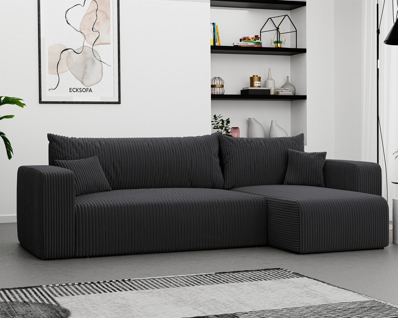 Ecksofa mit Schlaffunktion Sofa LUNA Stoff Poso Dunkelgrau Ottomane Rechts