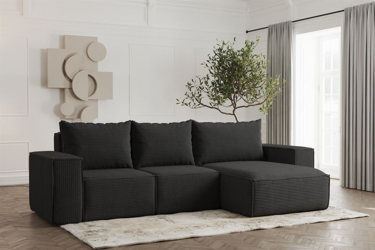 Ecksofa ersofa ESTELLE in Stoff Poso Schwarz Ottomane Rechts