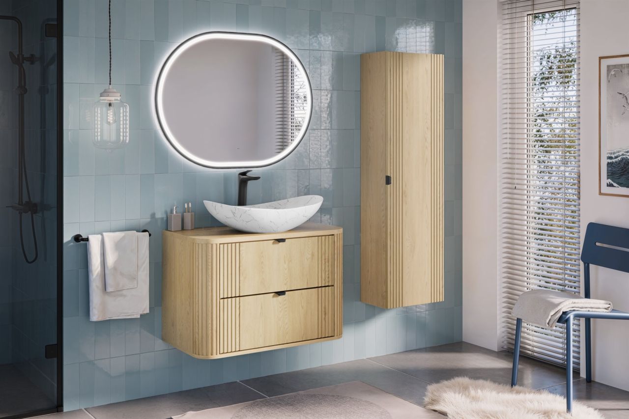 Badmöbel Set 3-tlg Badezimmerset WENDO Cremona Eiche Spiegel 70cm ohne Wascht...