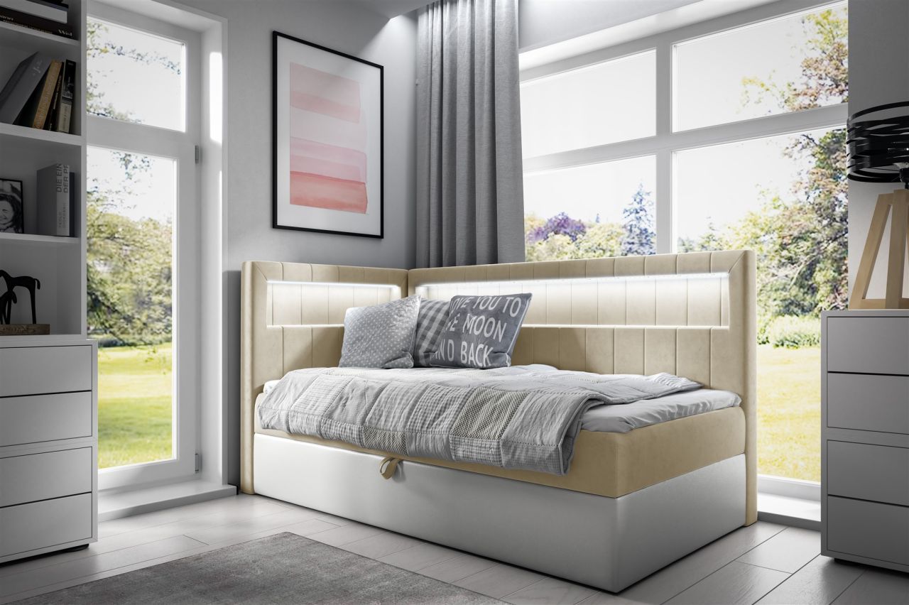 Boxspringbett Gästebett Kinderbett FABIAN Nr.3 100x200cm Weiss-Beige Seite Links