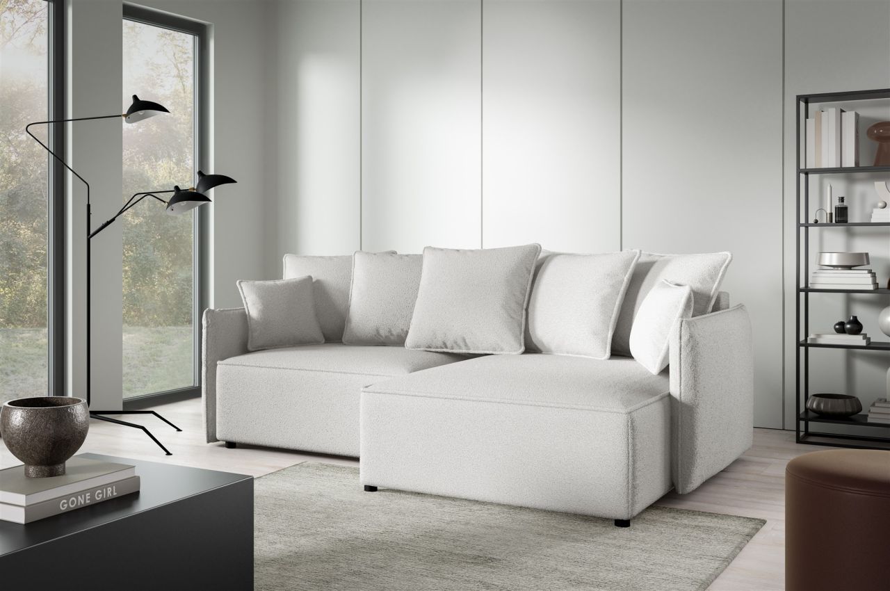 Ecksofa Schlafsofa Sofa MINEA in Stoff Abriamo Creme Ottomane Rechts