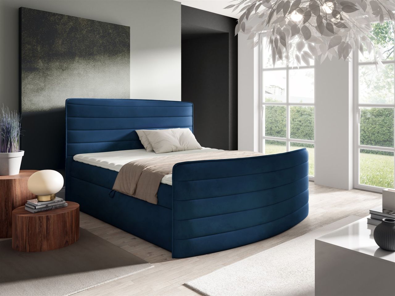 Boxspringbett Schlafzimmerbett AMBRA 140x200cm Stoff Elisa Velvet Dunkelblau