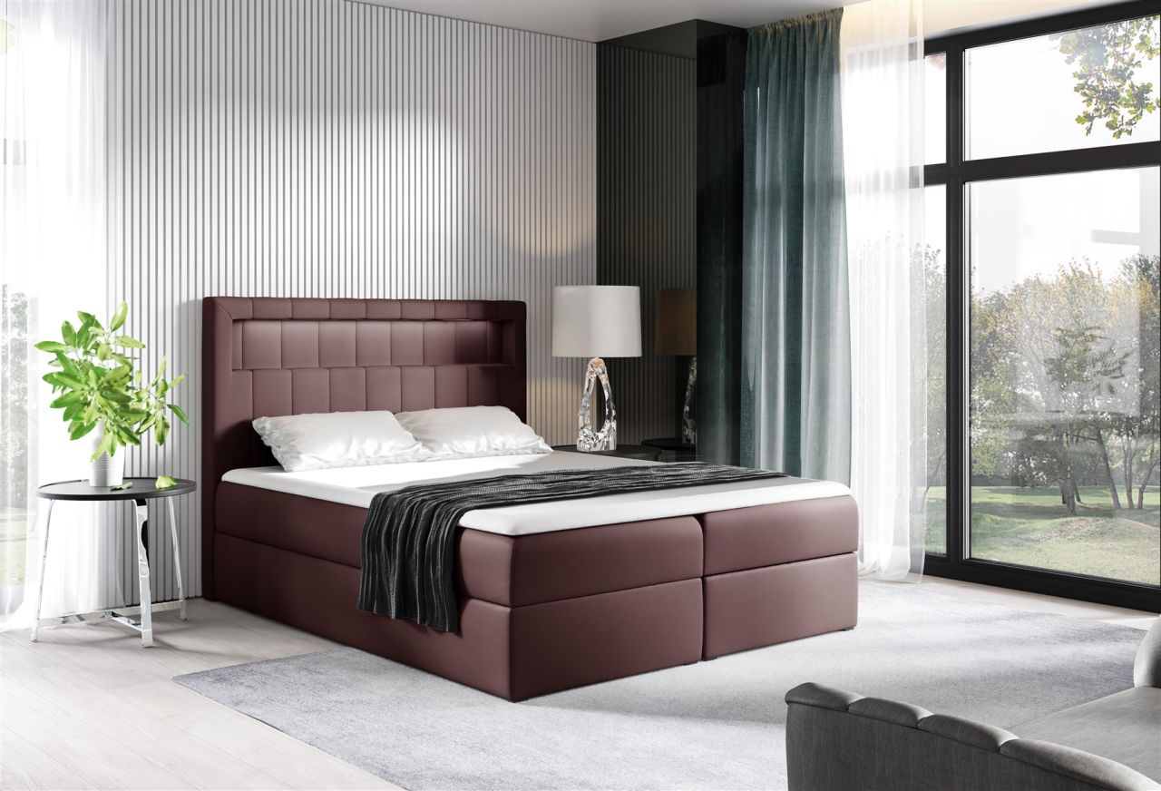 Boxspringbett Schlafzimmerbett STORM 200x200cm Kunstleder Weinrot inkl. LED