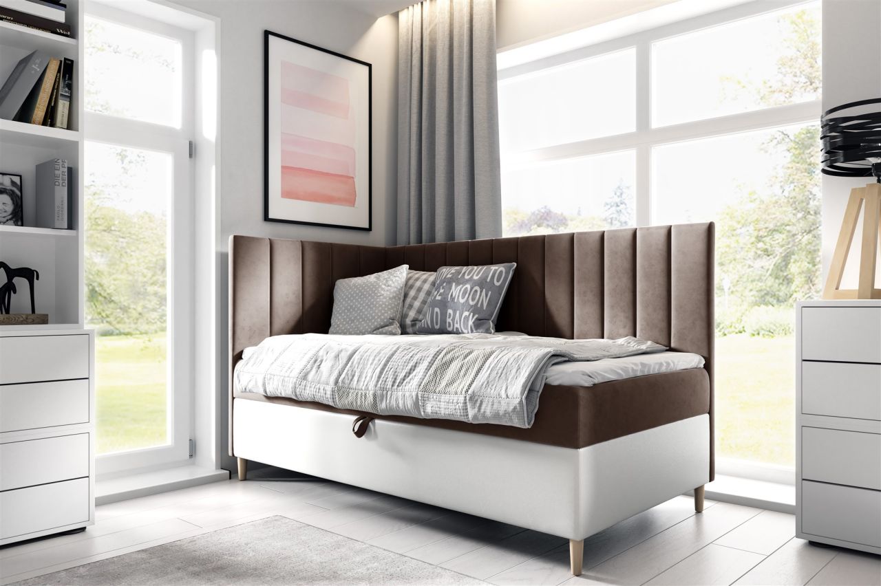 Boxspringbett Gästebett Kinderbett HELVI Nr.3 90x200cm Weiss-Braun Seite Links