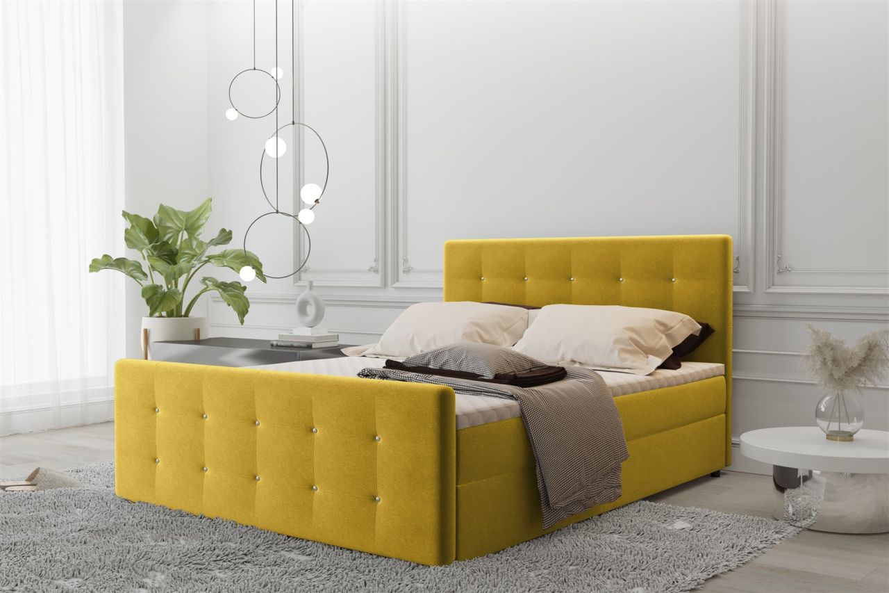 Boxspringbett Schlafzimmerbett MAURO 120x200cm Stoff Soro Gelb inkl.Bettkasten