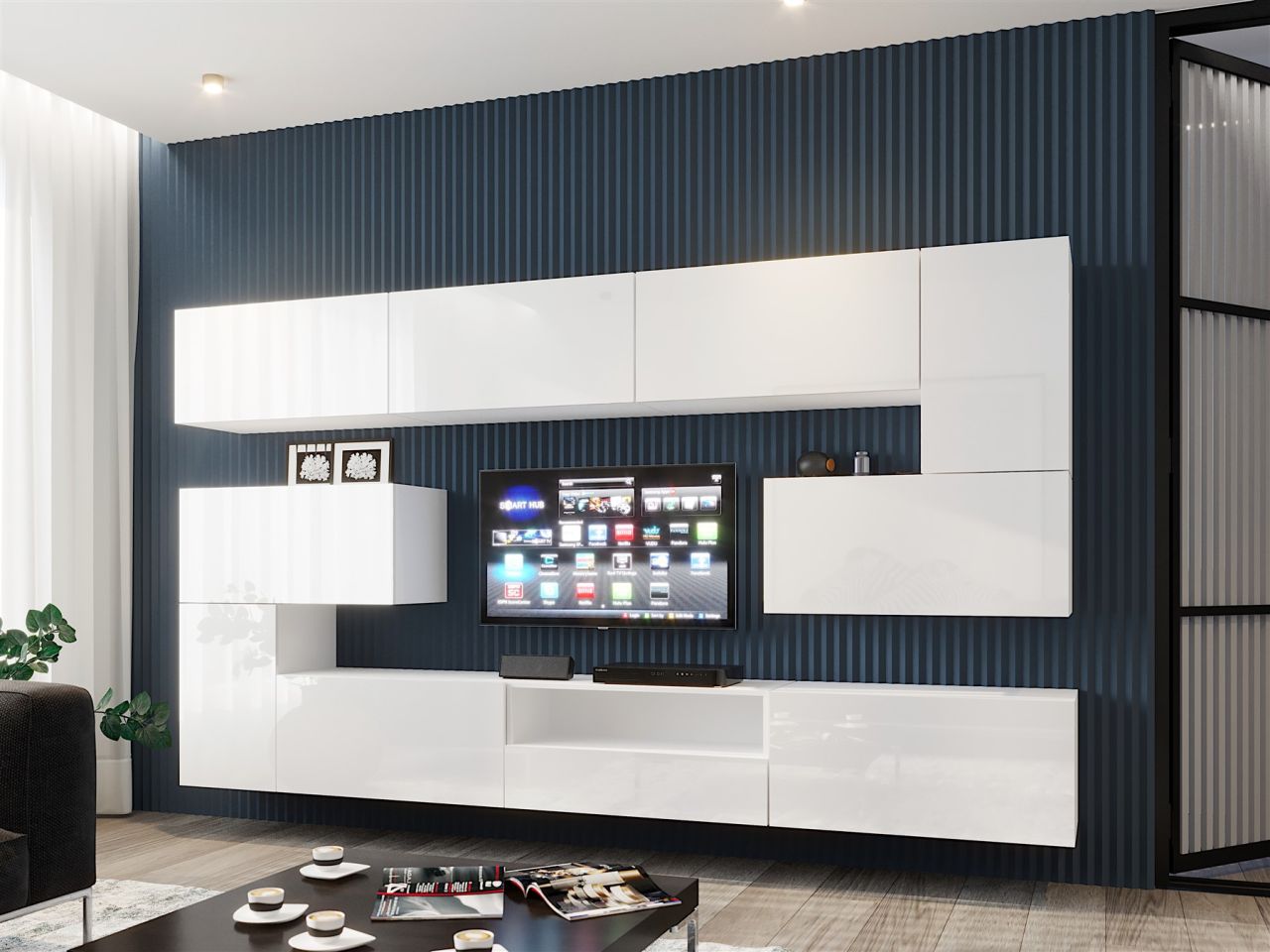 Mediawand Wohnwand 10 tlg - NEXI XL 15 - Weiss Hochglanz