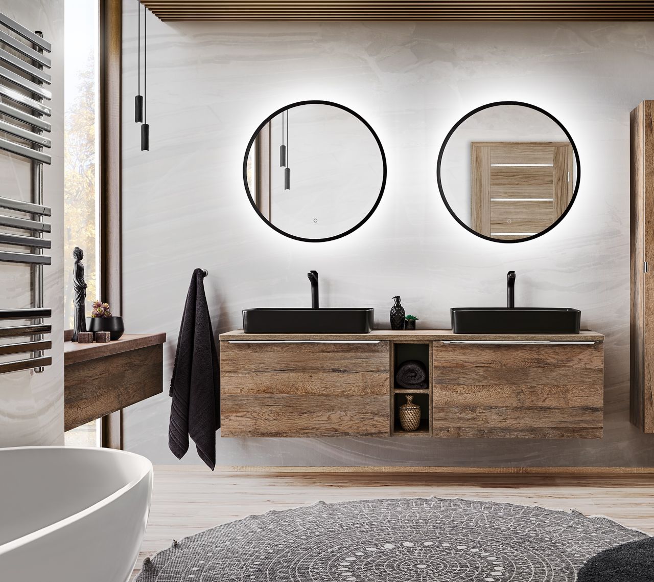 Badmöbel Set 5-tlg Badezimmerset AKAN Vintage Eiche Spiegel 80cm ohne Waschtisch