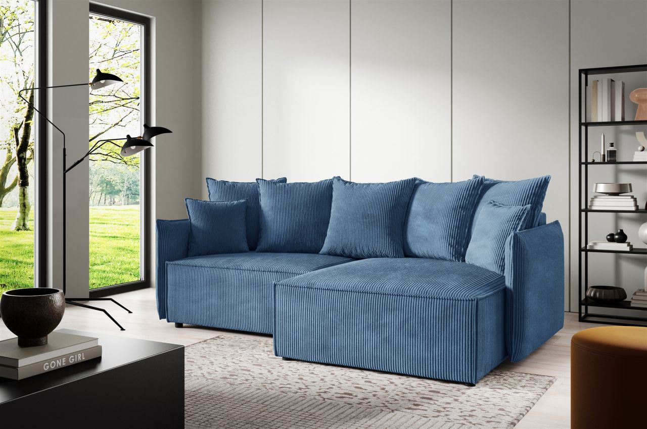 OUTLET Ecksofa Schlafsofa Sofa MINEA in Stoff Poso Blau Ottomane Rechts