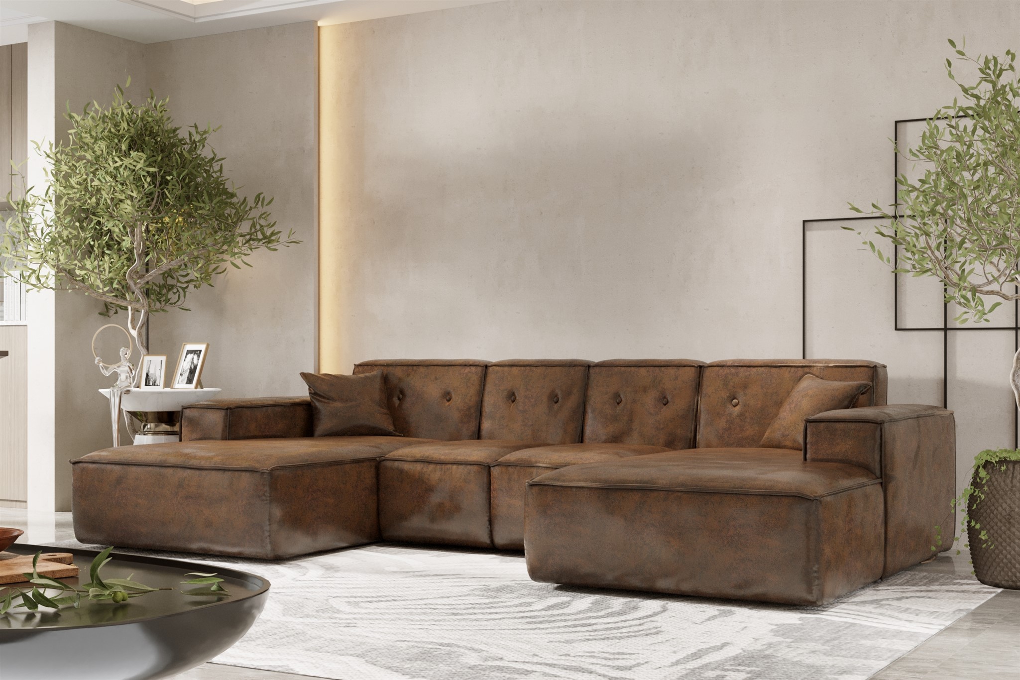 Wohnlandschaft Sofa U-Form CESINA XS in Stoff Gobi (Vintage Look) Braun | Wohnlandschaft | Serie-CESINA | Polstermöbel-Serie