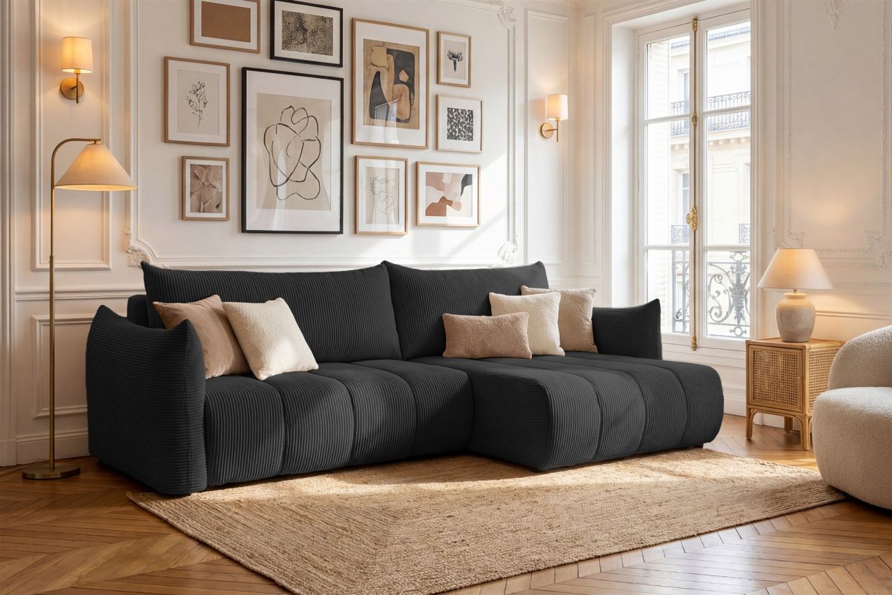 Ecksofa Schlafsofa ONTARIO in Stoff Poso Schwarz Ottomane Rechts