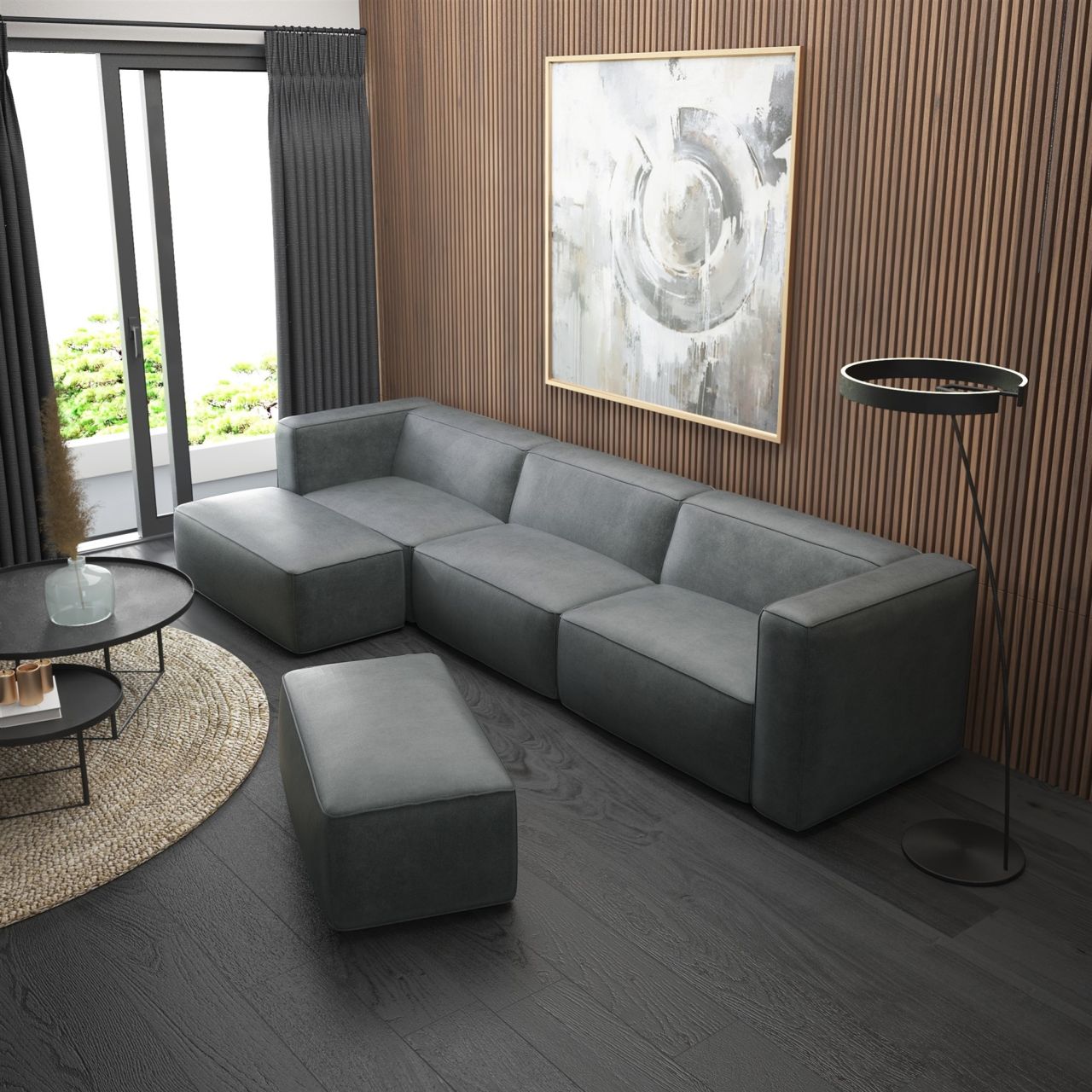 Ecksofa ersofa HELMER inkl. Hocker in Stoff Pola Dunkelgrau Ottomane Links