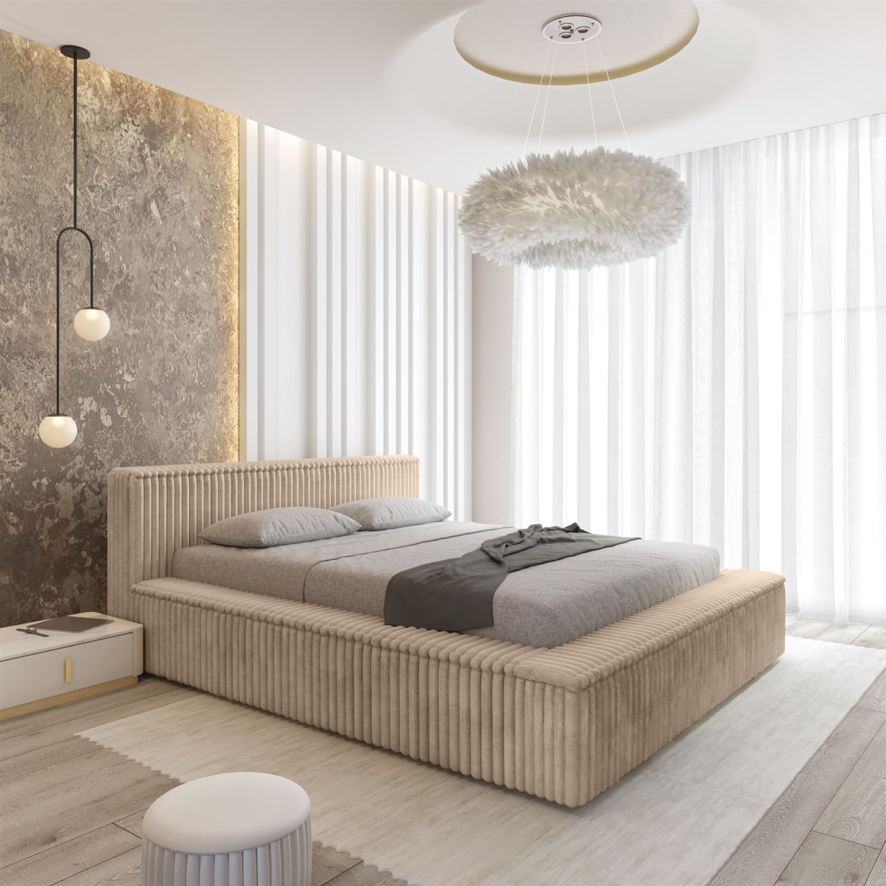 Polsterbett Doppelbett TULSA 160x200cm in Stoff Vito Beige