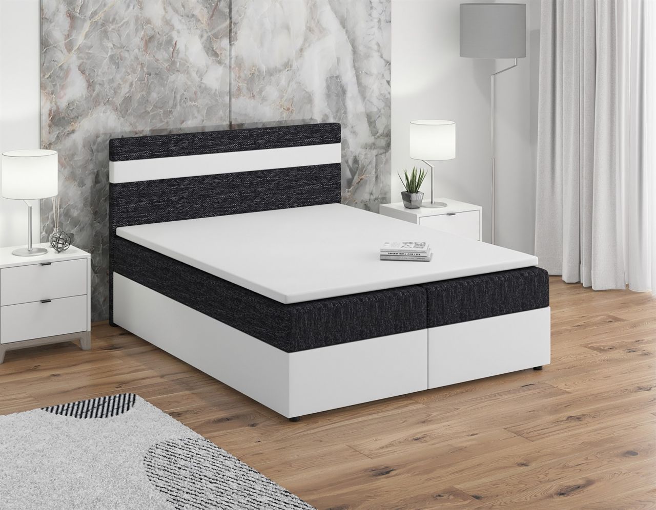Boxspringbett Schlafzimmerbett INVERN 180x200cm Weiss-Schwarz