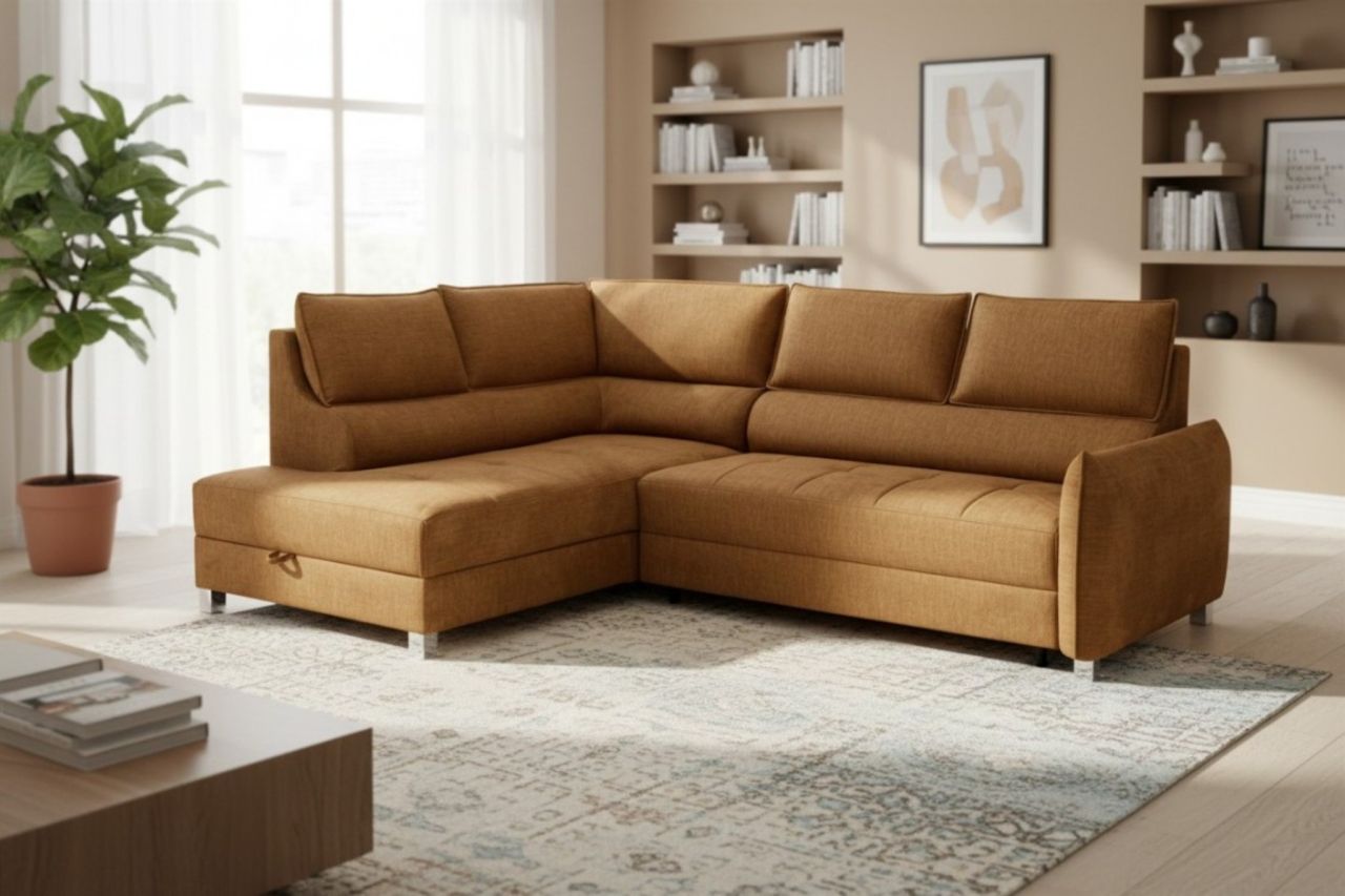Ecksofa Schlafsofa Sofa MARNO in Stoff Chill Me Honiggelb Ottomane Links