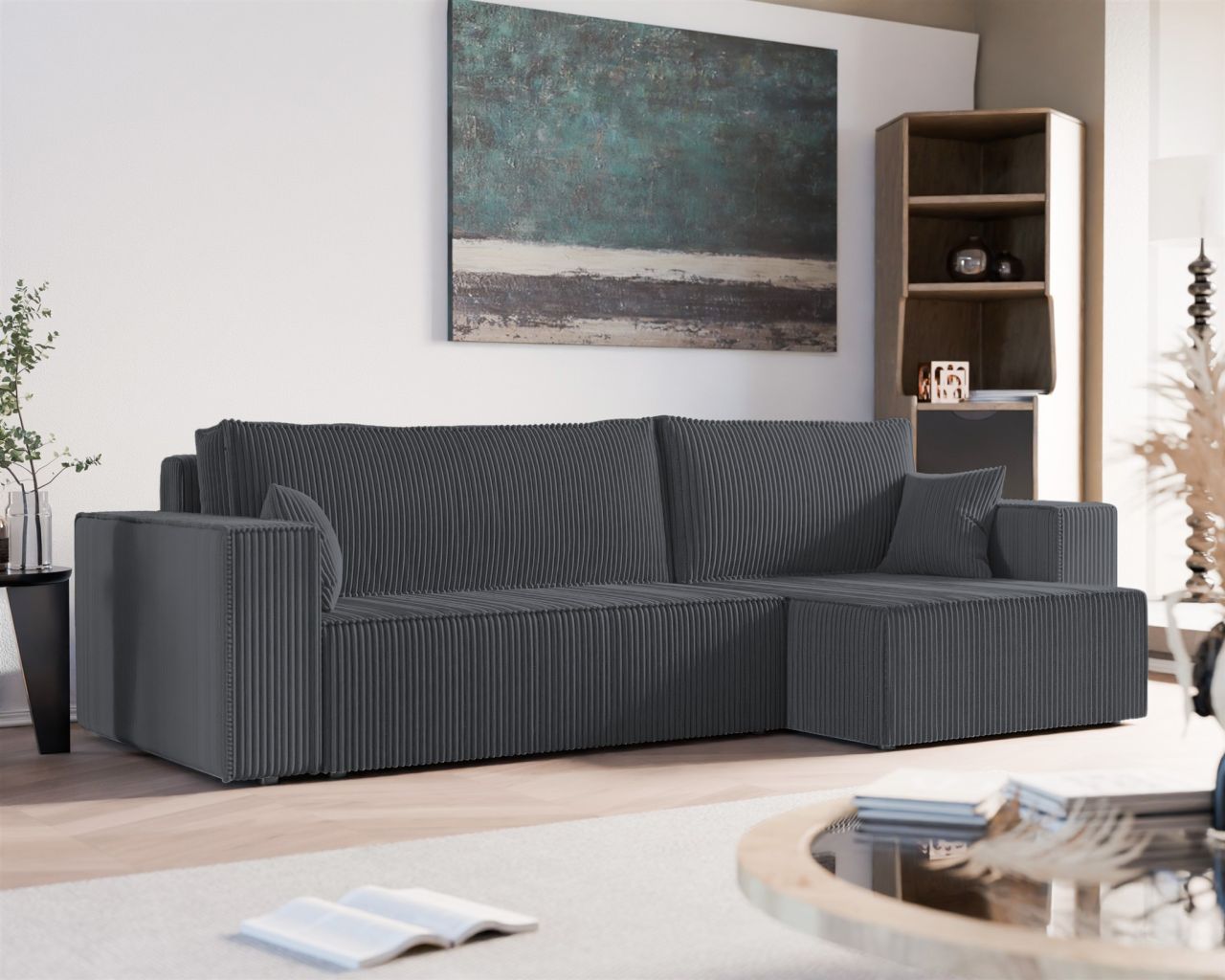 Ecksofa Schlafsofa Sofa ADARA MAX in Stoff Poso Dunkelgrau Ottomane Rechts