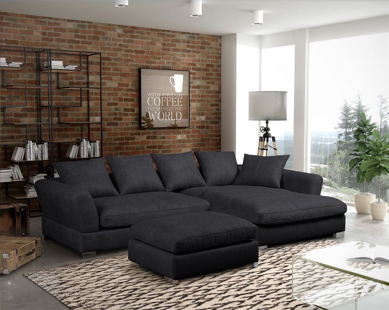 Couchgarnitur TIZIAN L-Form Wildlederoptik- Anthrazit / Rechts+ Hocker