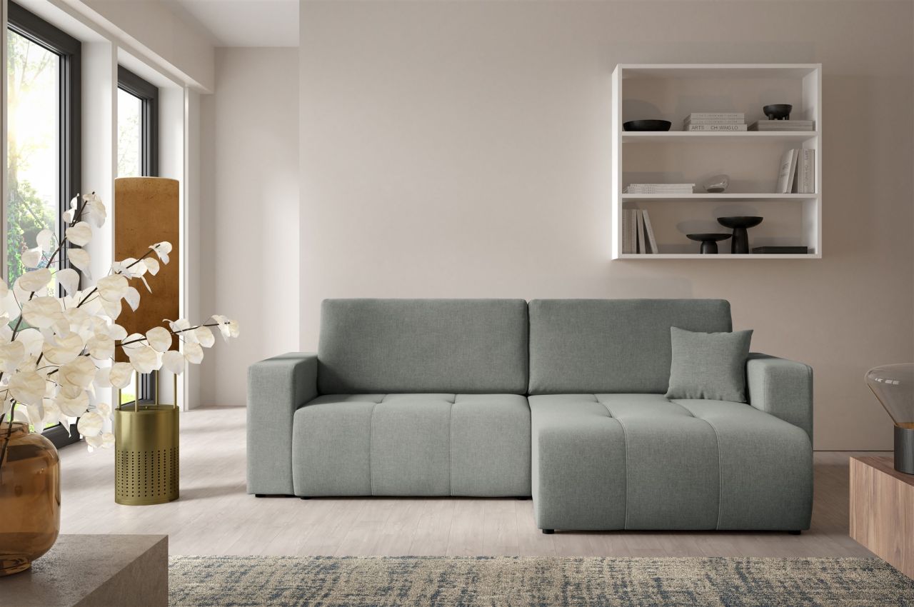 Ecksofa Sofa mit Schlaffunktion AUGUSTO in Stoff Wind Grau Ottomane Rechts