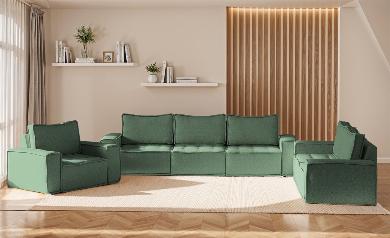 Sofaset Modulsofa-Set 6-teilig SANDE 3-2-1 Stoff Raven Flaschengrün