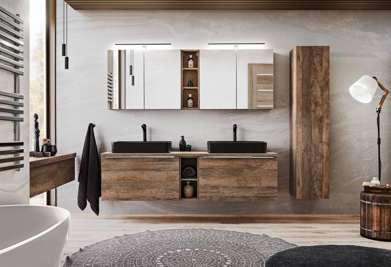 Badmöbel Set 7-tlg Badezimmerset AKAN Vintage Eiche Variante B ohne Waschtisch