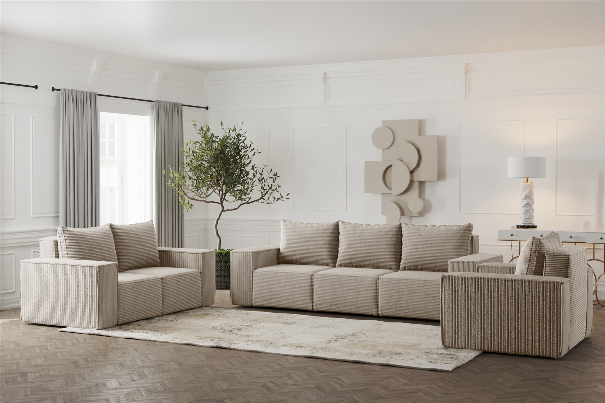 Sofaset Designersofa ESTELLE 3-2-1 in Stoff Poso Beige | Sofaset ohne Schlaffunktion | Serie-ESTELLE | Polstermöbel-Serie