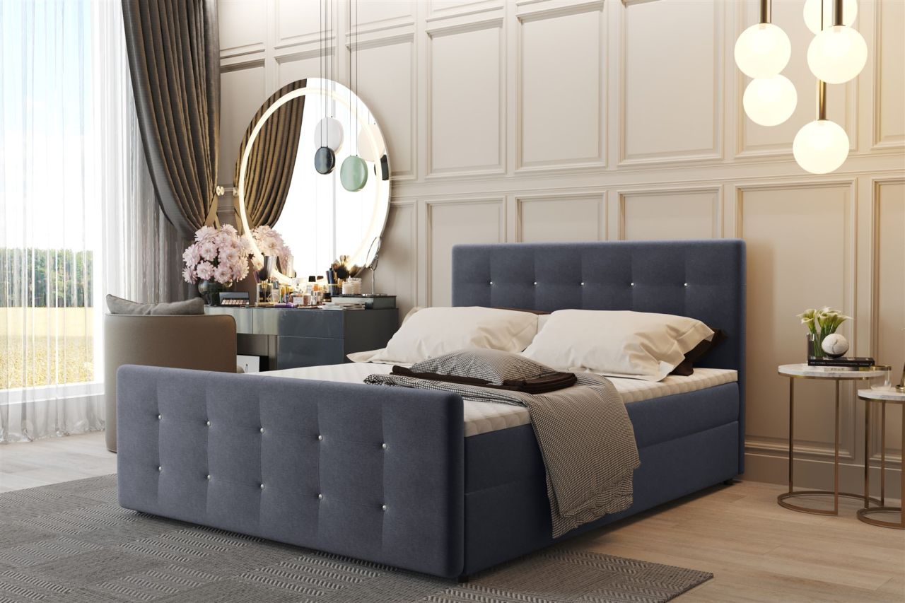 Boxspringbett Schlafzimmerbett CARLOS 140x200cm Stoff Soro Jeans inkl.Bettkasten