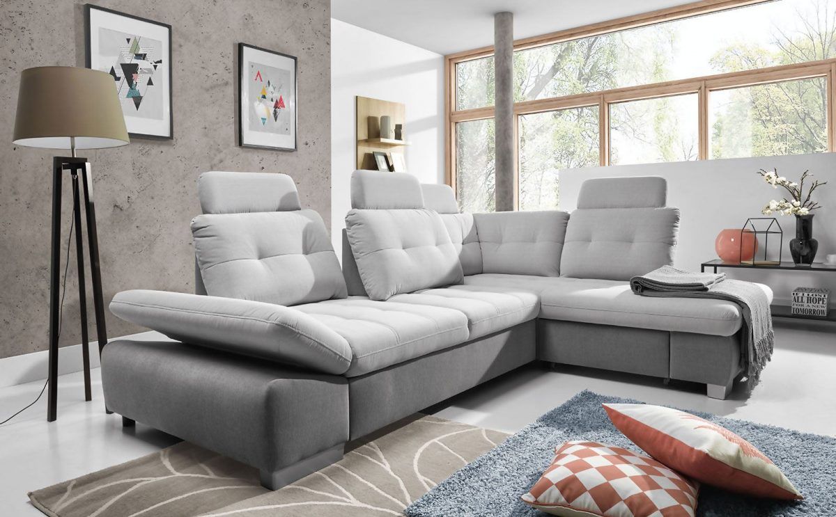 Ecksofa Schlafsofa REMON XL Grau/ Hellgrau Ottomane Rechts