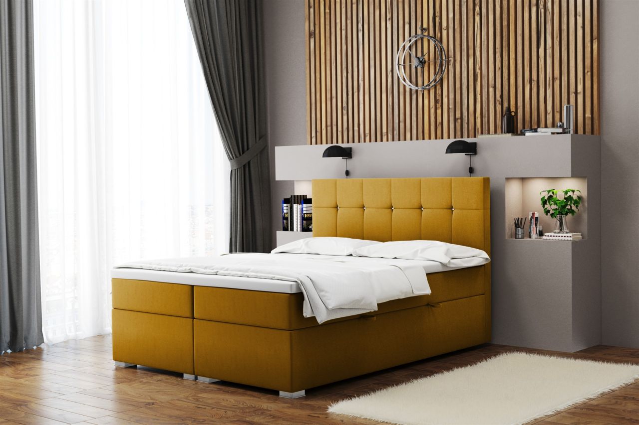 Boxspringbett Schlafzimmerbett ABELT 140x220cm in Stoff Matt Velvet Gelb