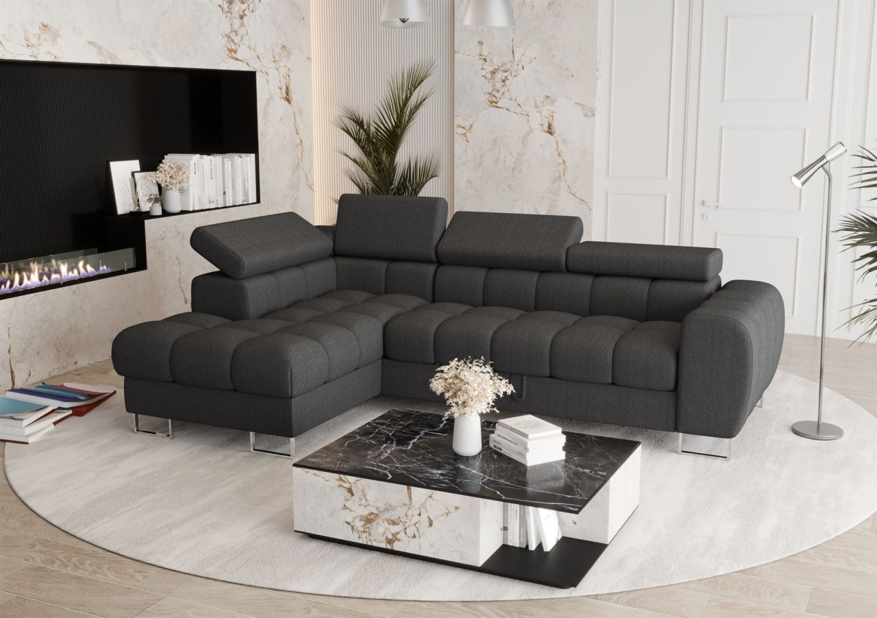 Ecksofa Schlafsofa BASTIEN in Stoff Gemma Dunkelgrau Ottomane Links
