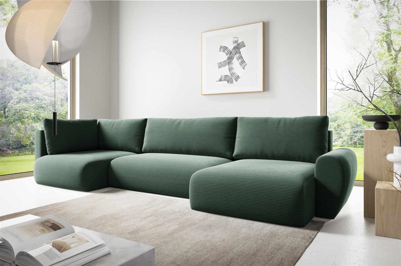 Fun Möbel Grün Wohnlandschaft Schlafsofa Galan Stoff Poso Ottomane Rechts