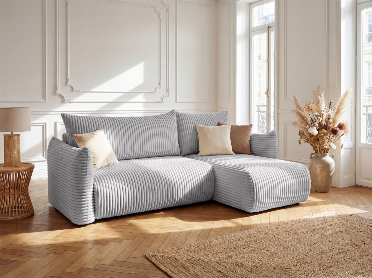 Ecksofa Schlafsofa MAILAND XS in Stoff Tilia Grau Ottomane Rechts