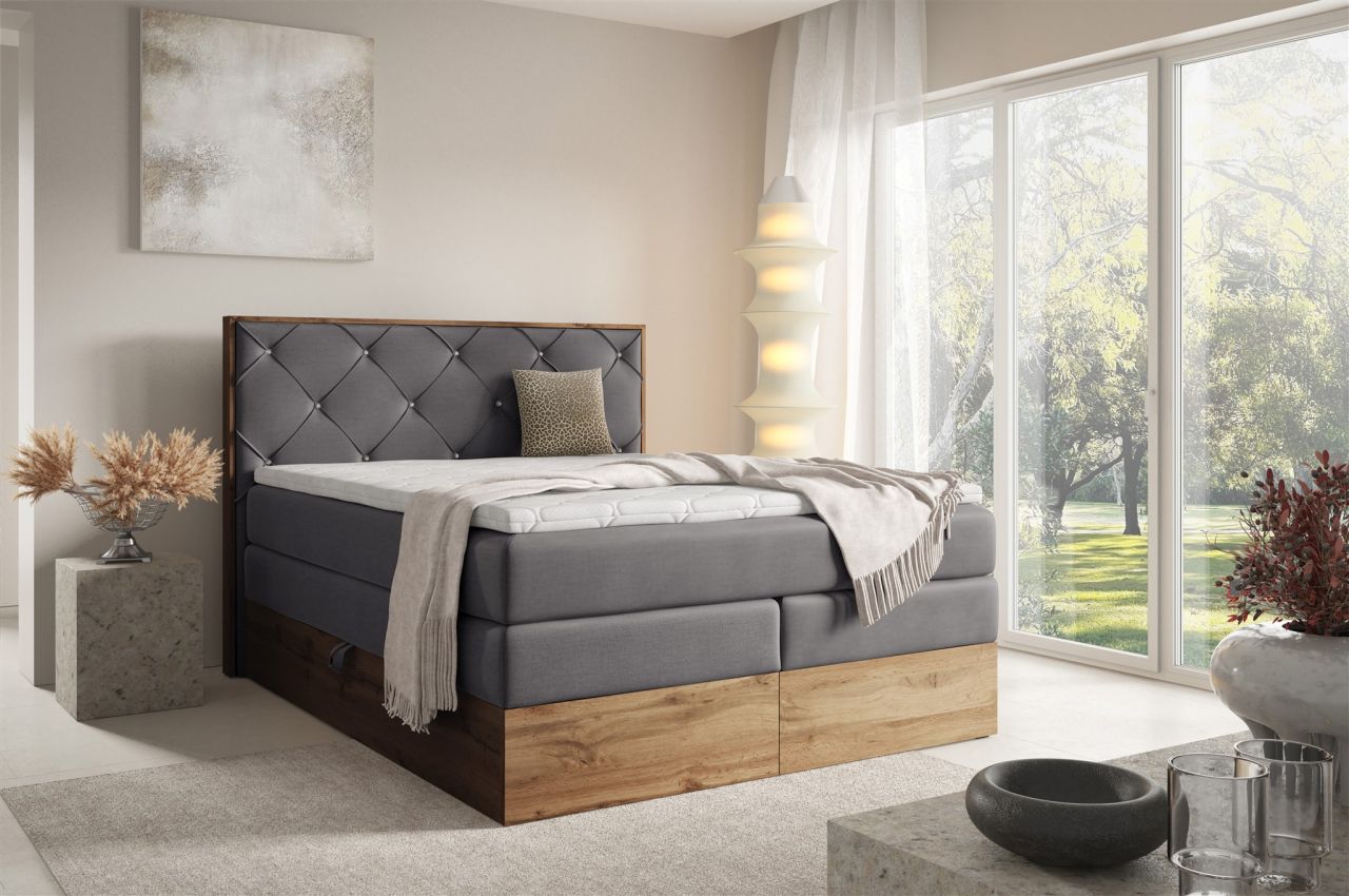 Boxspringbett Schlafzimmerbett NAVEL 200x200cm in Stoff Rouge Dunkelgrau