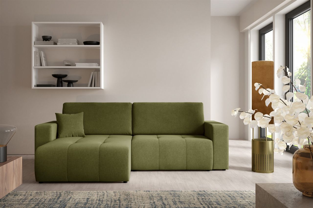 Ecksofa Sofa mit Schlaffunktion AUGUSTO in Stoff Wind Grün Ottomane Links