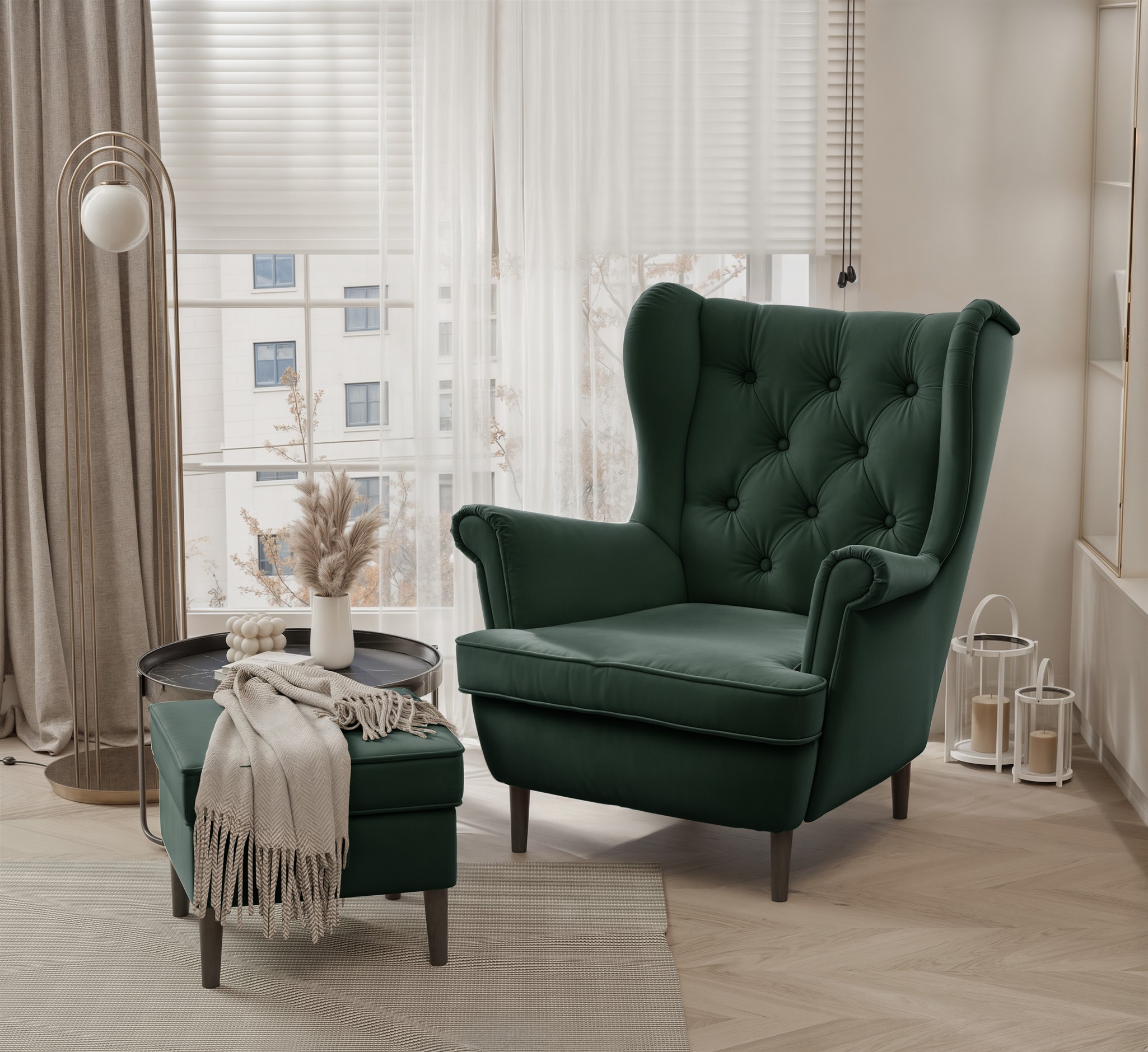Sessel Ohrensessel NINON inkl. Hocker in Stoff Trinity Dunkelgrün | Sessel | Polstermöbel