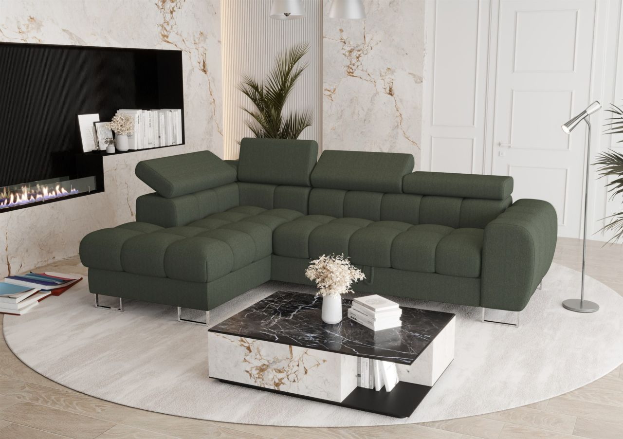 Ecksofa Schlafsofa BASTIEN in Stoff Gemma Dunkelgrün Ottomane Links