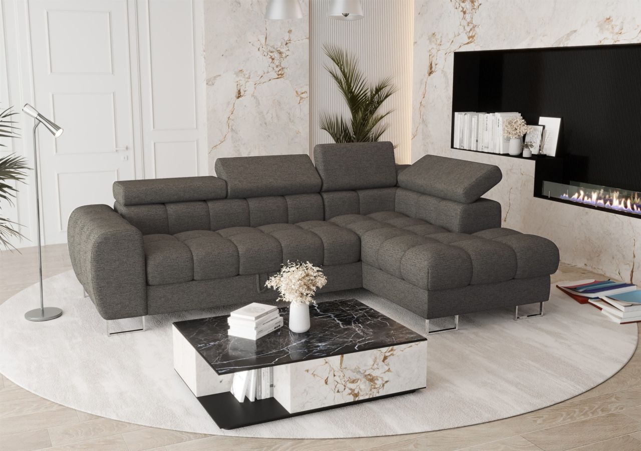 Ecksofa Schlafsofa BASTIEN in Stoff Aragon Dunkelgrau Ottomane Rechts
