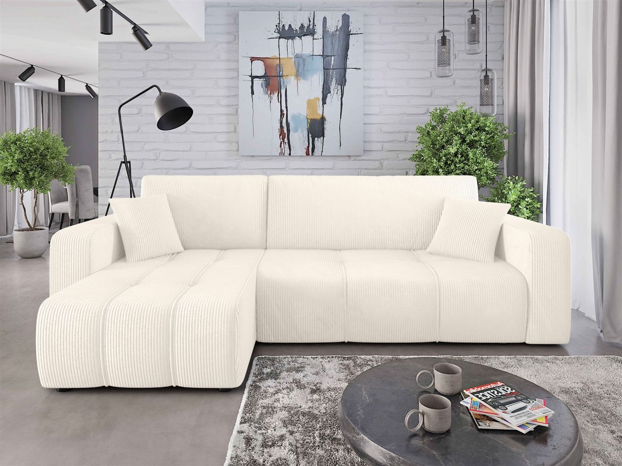 Ecksofa mit Schlaffunktion Sofa DAGNY in Stoff Poso Creme Ottomane Links