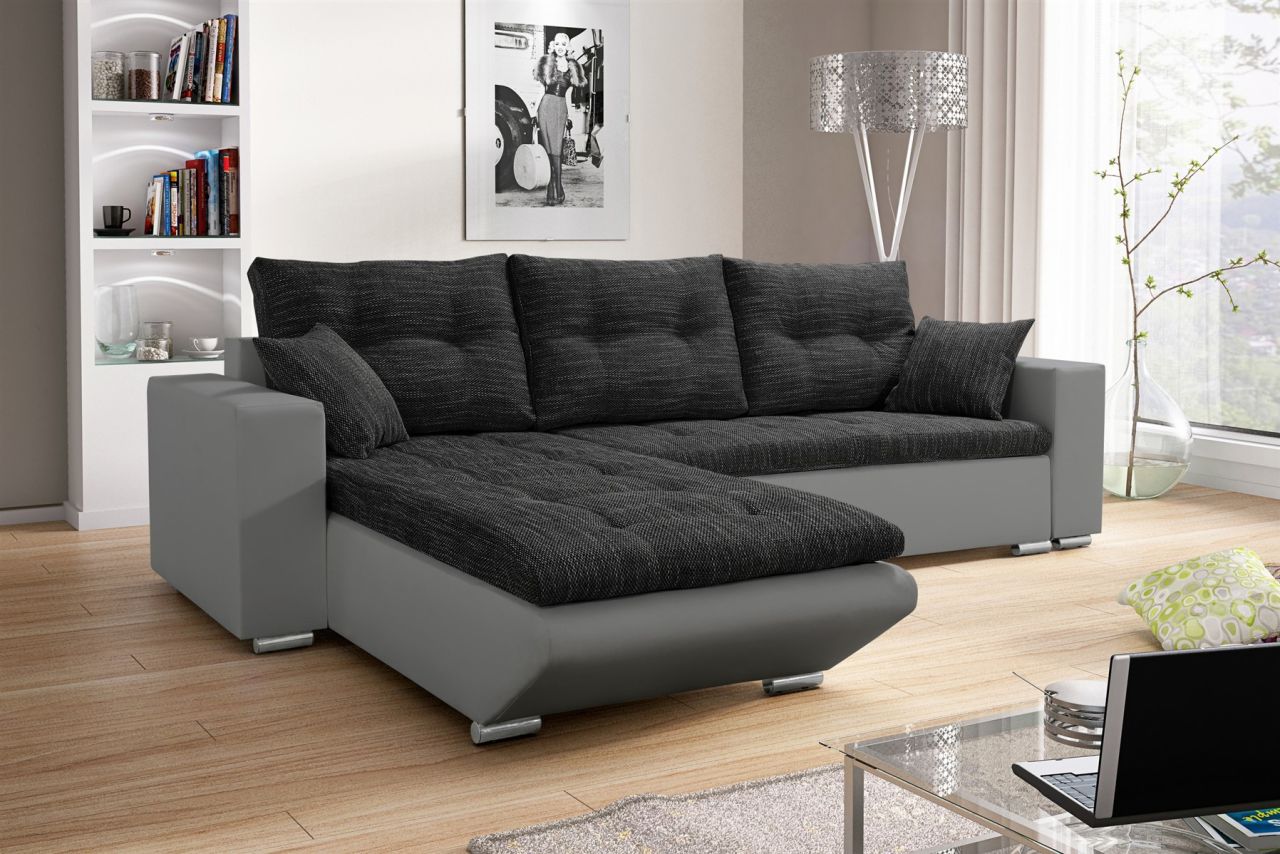 OUTLET Ecksofa Sofa NINO mit Schlaffunktion Grau-Schwarz Ottomane Links