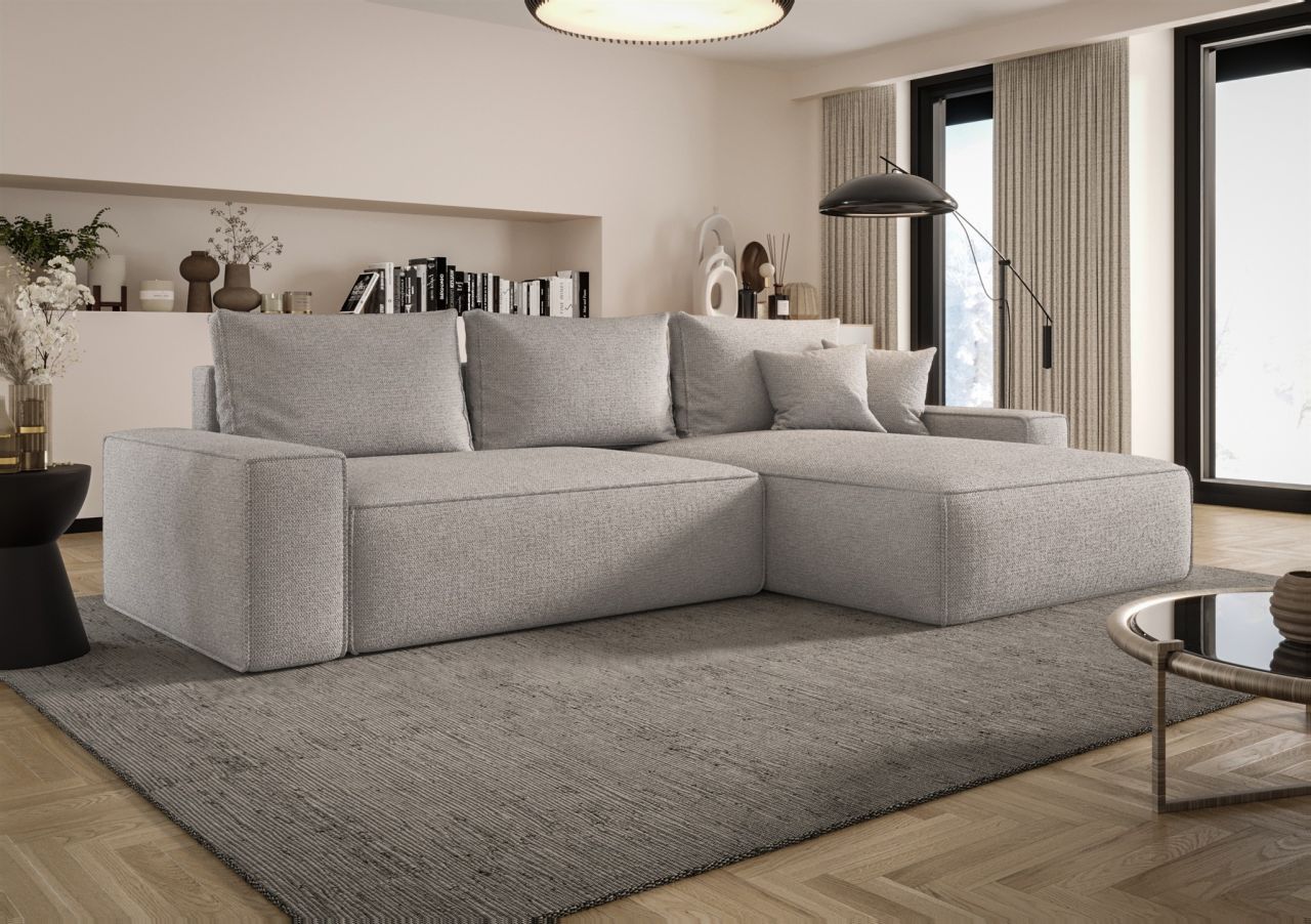 Ecksofa Schlafsofa Sofa WALKEN Stoff Aragon Hellgrau Ottomane Rechts