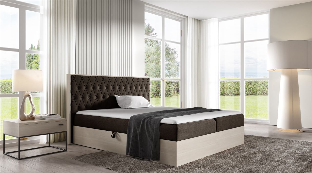 Boxspringbett Bett BROMIA 120x200cm Nordic Teak Stoff Braun inkl. Bettkasten