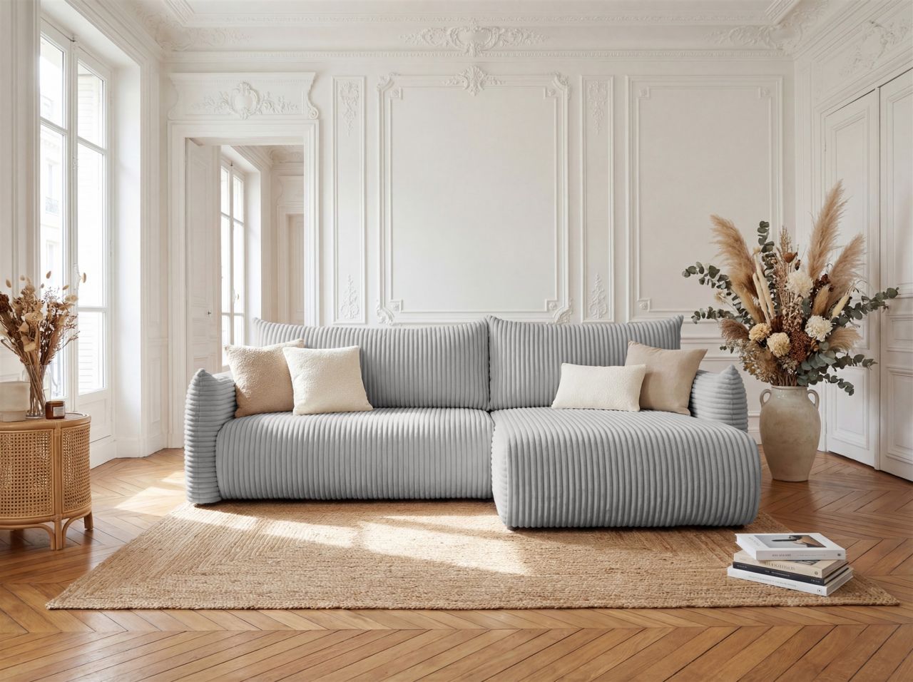 Ecksofa Schlafsofa MAILAND in Stoff Tilia Grau Ottomane Rechts